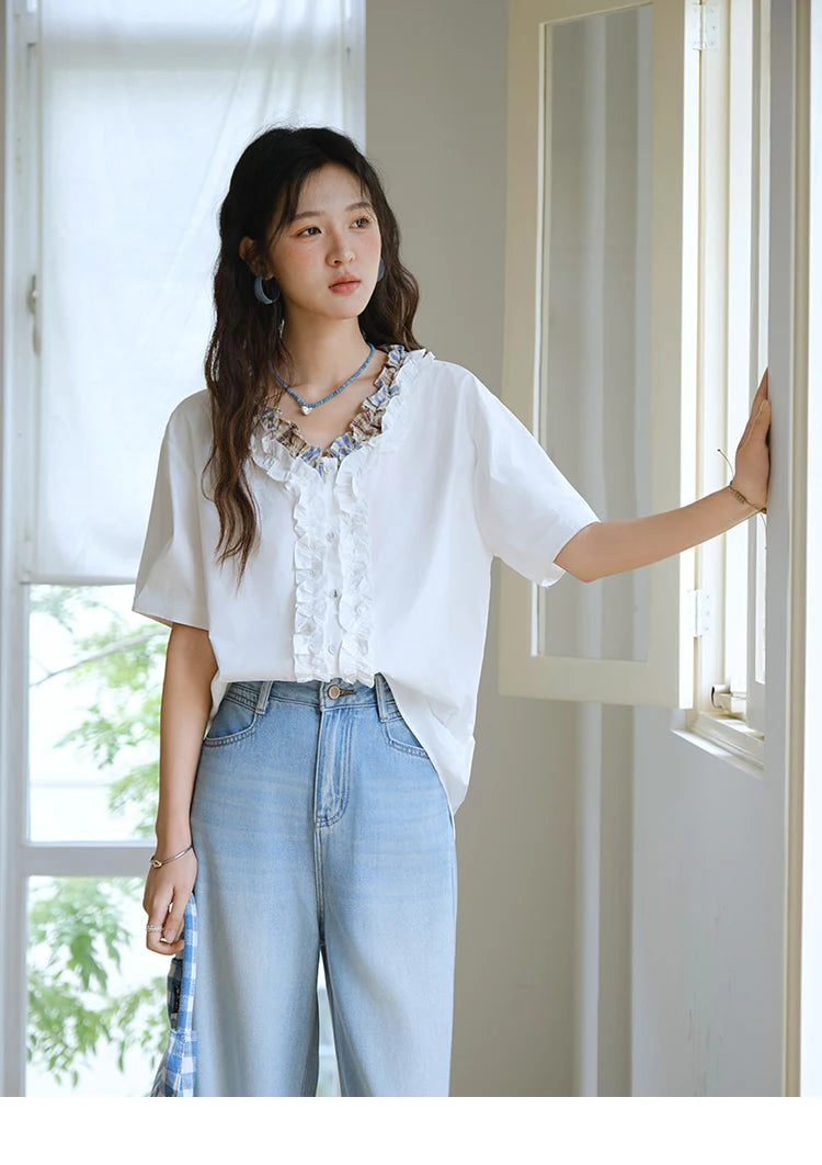 MISHOW V-Neck Shirt Patchwork Double Layer Fungus Edge Button MXE35X1793