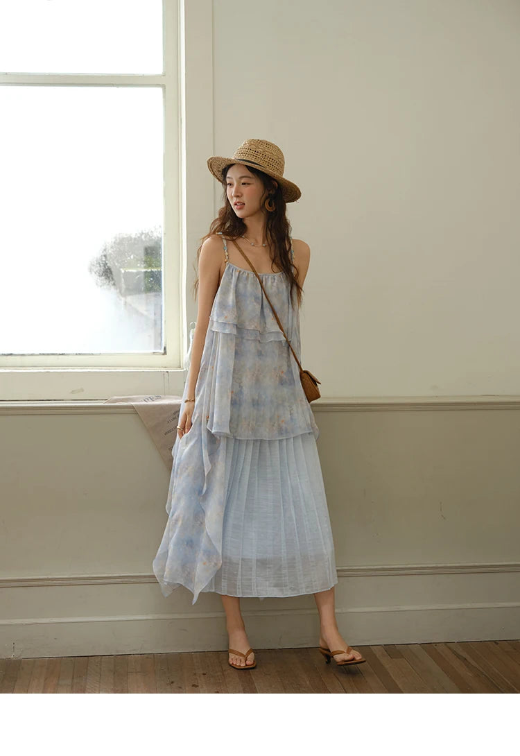 Mishow Print Strap Multi Layer Ruffle Dress MXE35L2233
