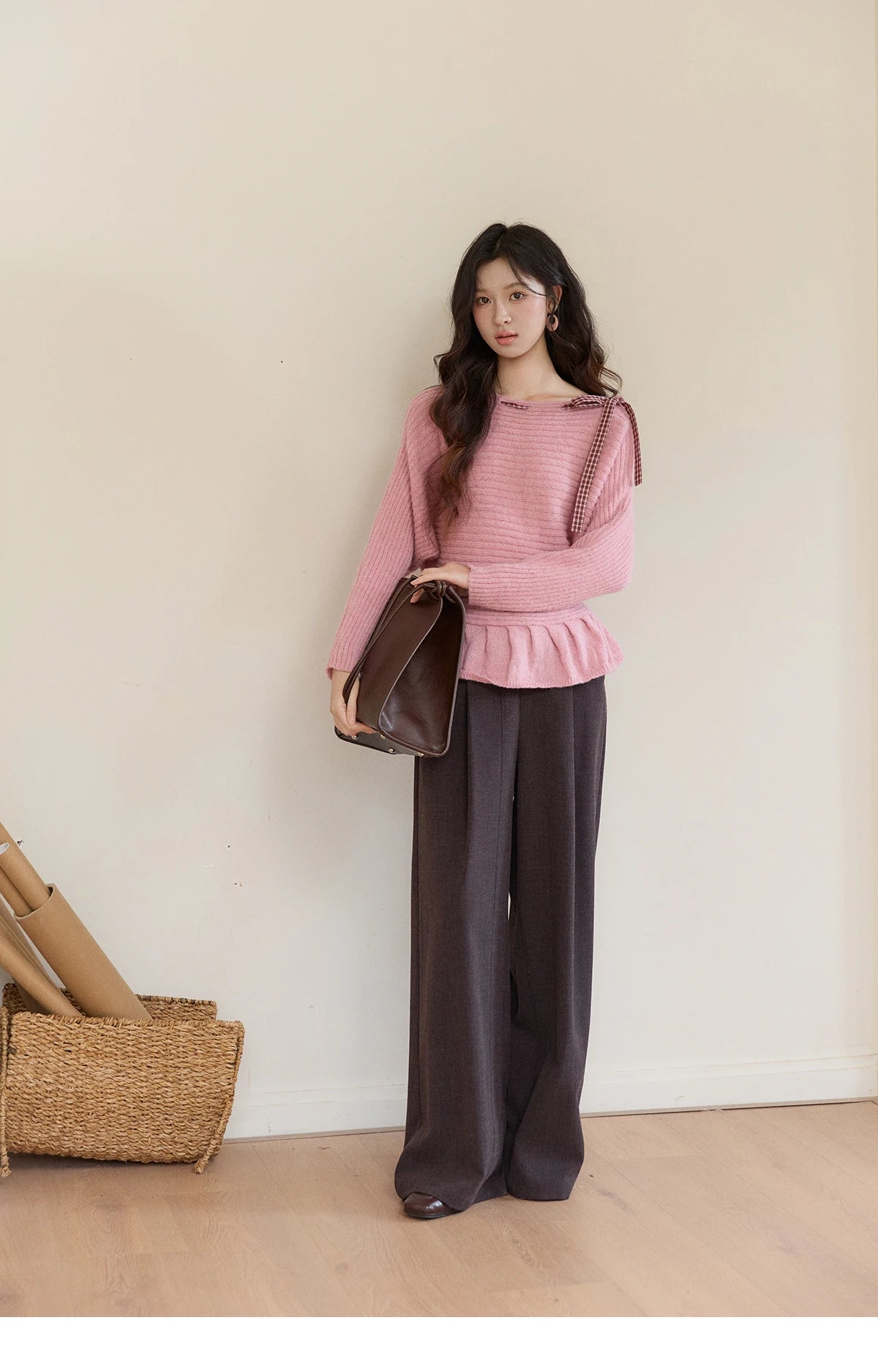 Mishow Pink Plaid Bow Peplum Ribbed Sweater MXF11Z3016