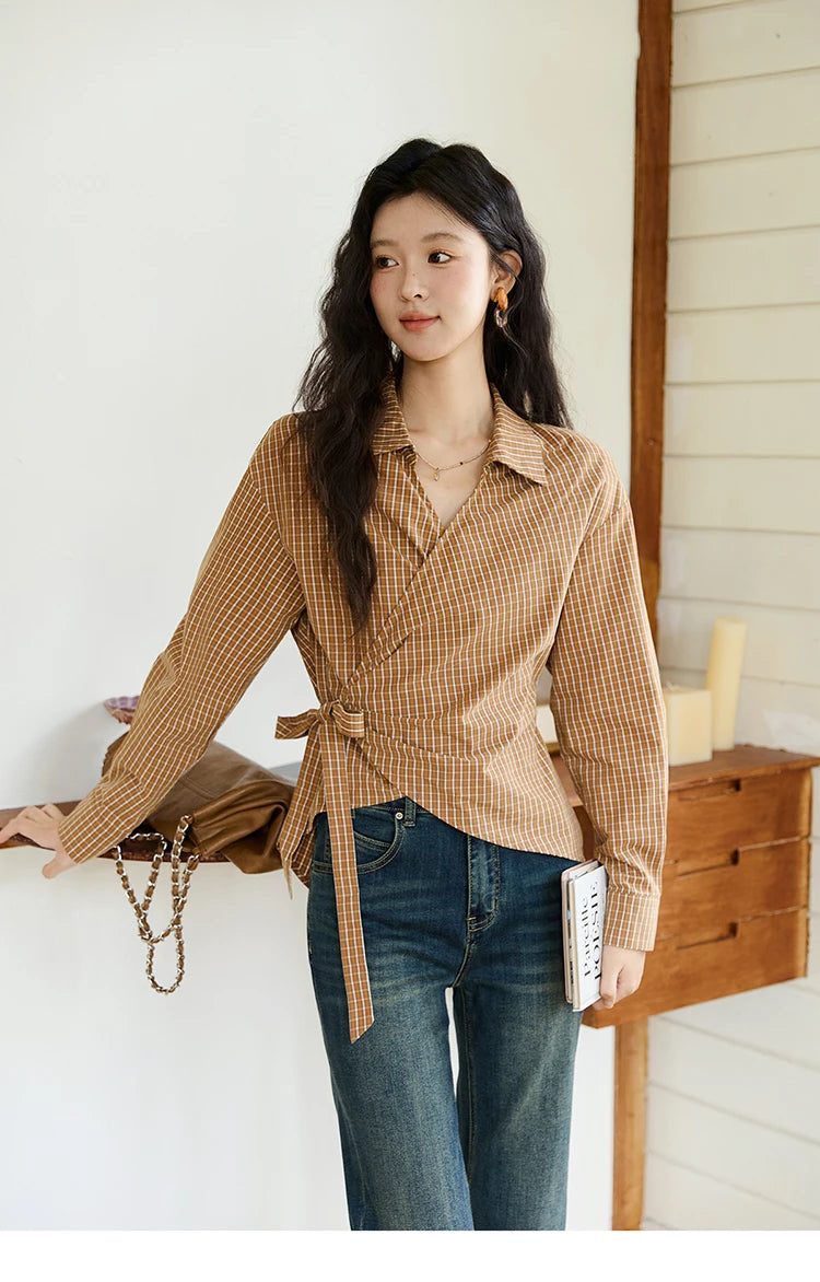 MISHOW Dark Orange Plaid Shirt Side Waist Lace-Up MXE46X2494