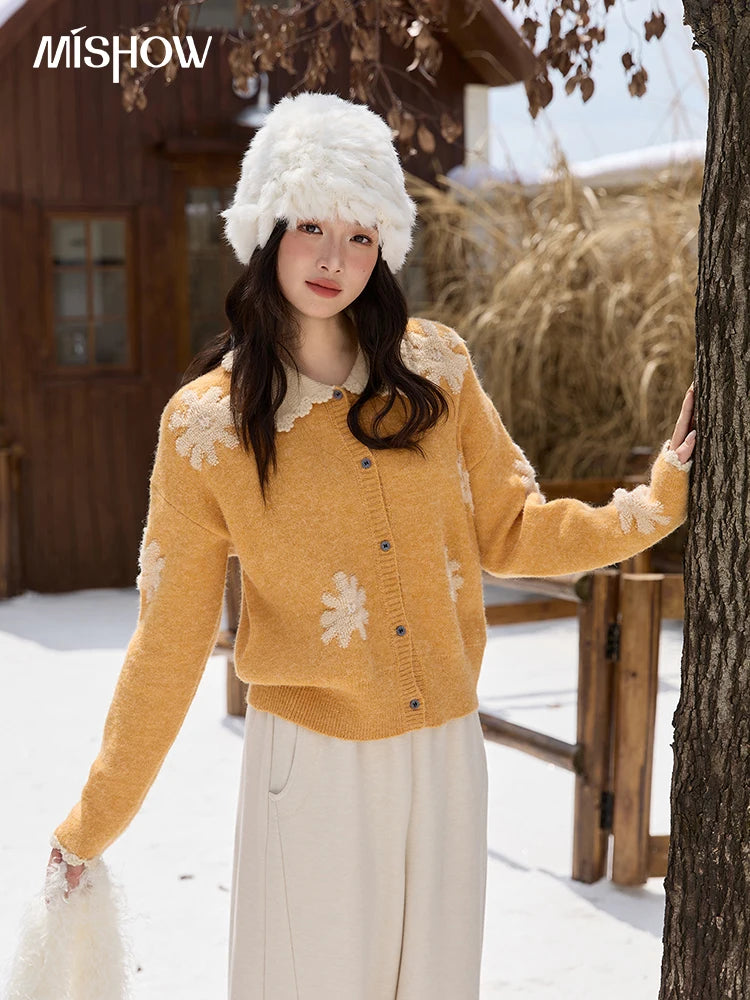 Mishow Yellow Retro Jacquard Turn-Down Collar Cardigan MXE88Z2691