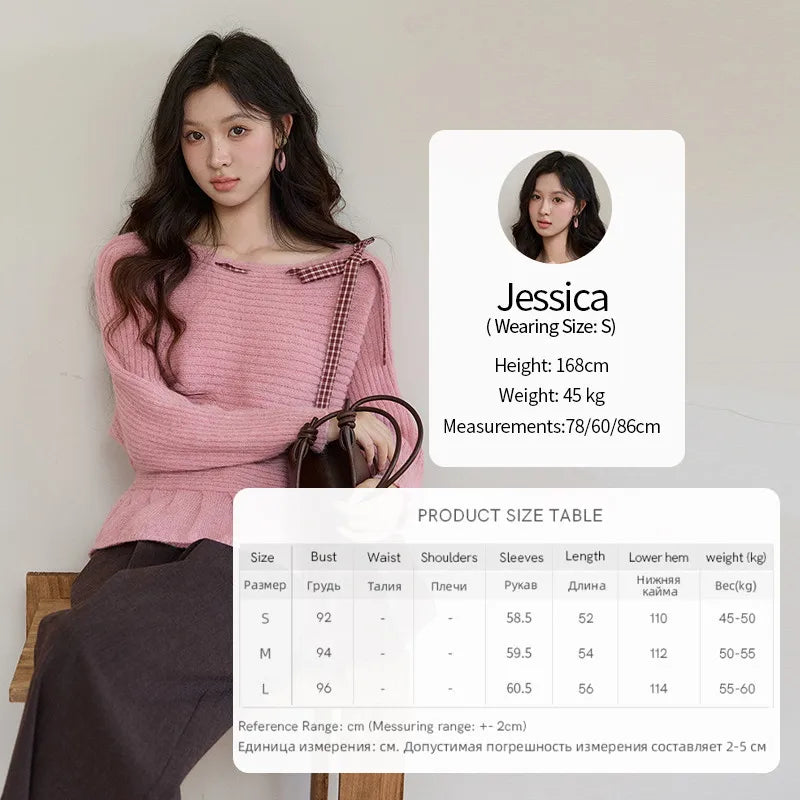Mishow Pink Plaid Bow Peplum Ribbed Sweater MXF11Z3016