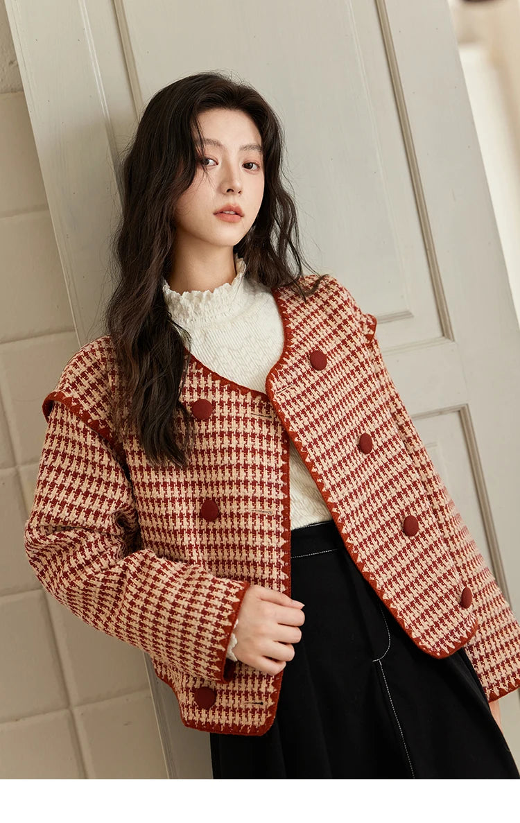 Mishow Red Plaid Double Breasted Tweed Jacket MXD56W0631