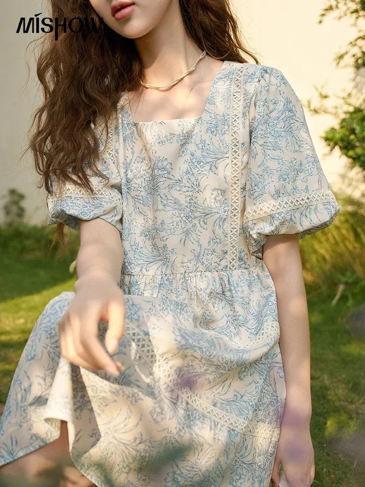 Mishow Square Collar Blue Floral Puff Sleeve Dress MXC38L1520