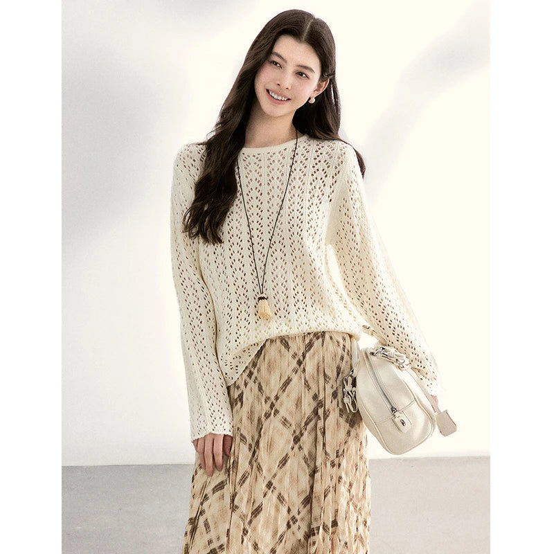 Mishow Beige Hollow Crew Neck Sweater MXF13Z3017