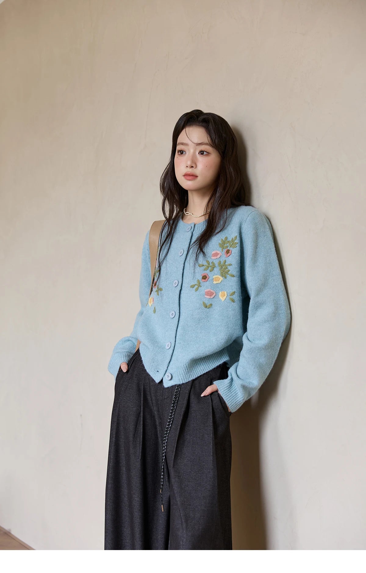 Mishow Blue Floral Embroidered Wool Cardigan MXE51Z2695
