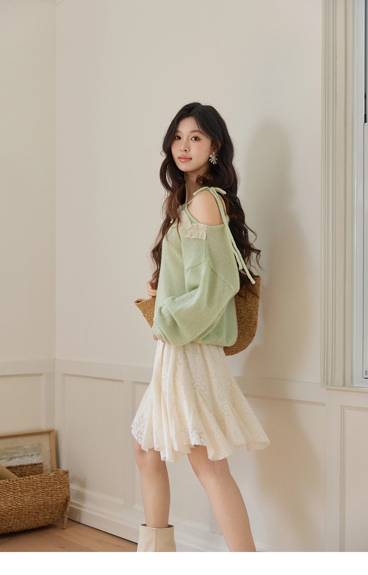 Mishow Beige Apricot Lace Tassel Midi Skirt MXF108B0768