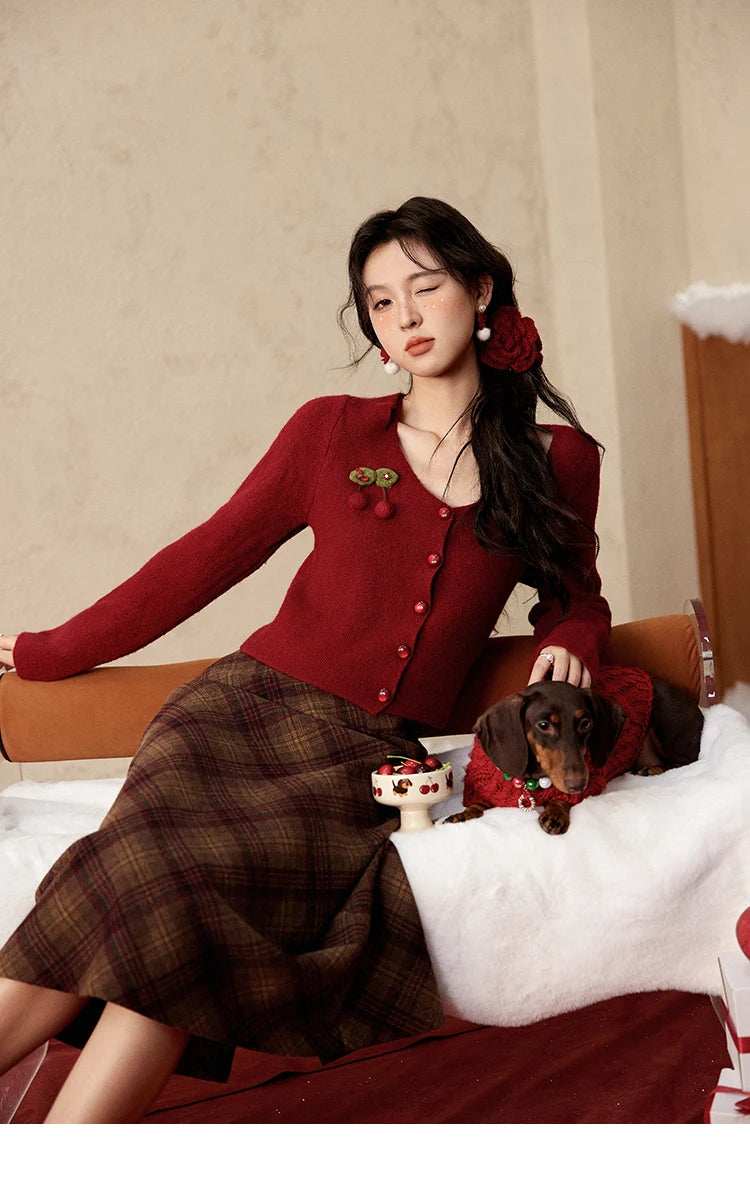 Mishow Red Cherry Ornament Slim V-Neck Cardigan MXD112Z1006