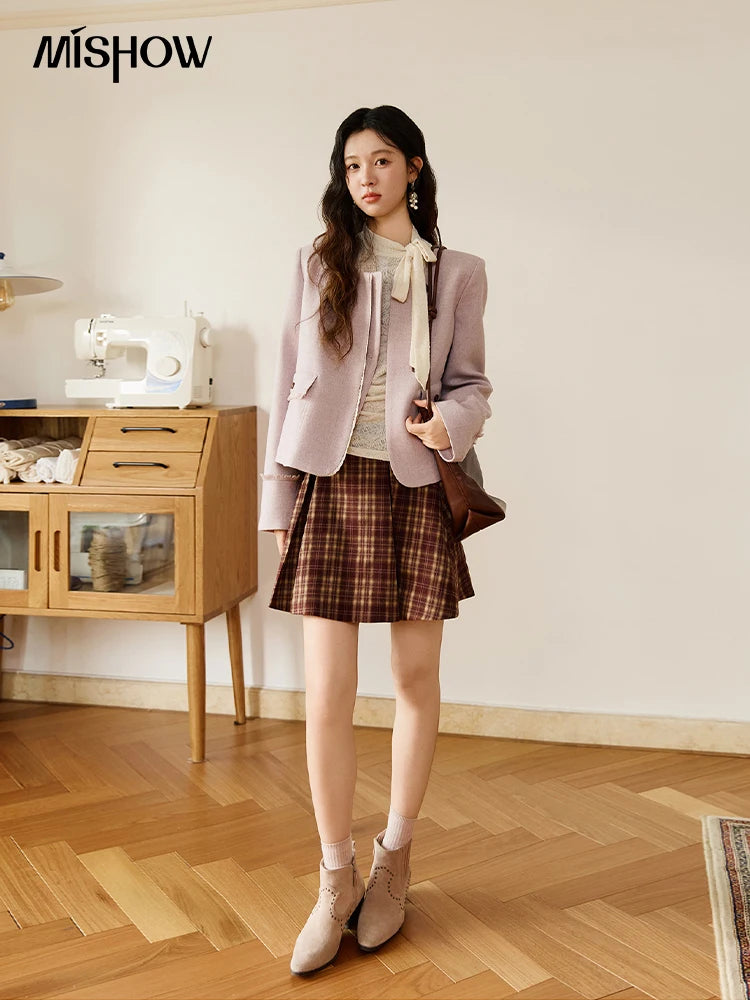 MISHOW Purple Woolen Coat Slanted Placket Splicing Lace Shoulder Pads MXE47W0840