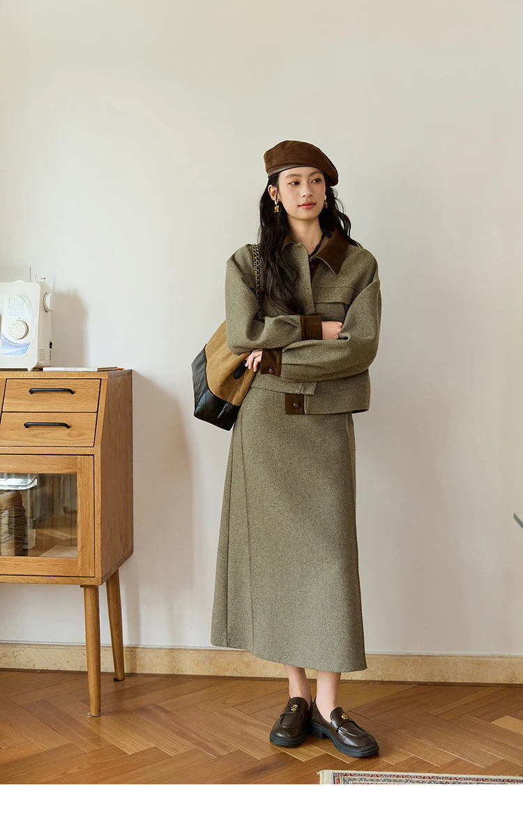Mishow Contrast Suede Patchwork Wool Coat MXE46W0844