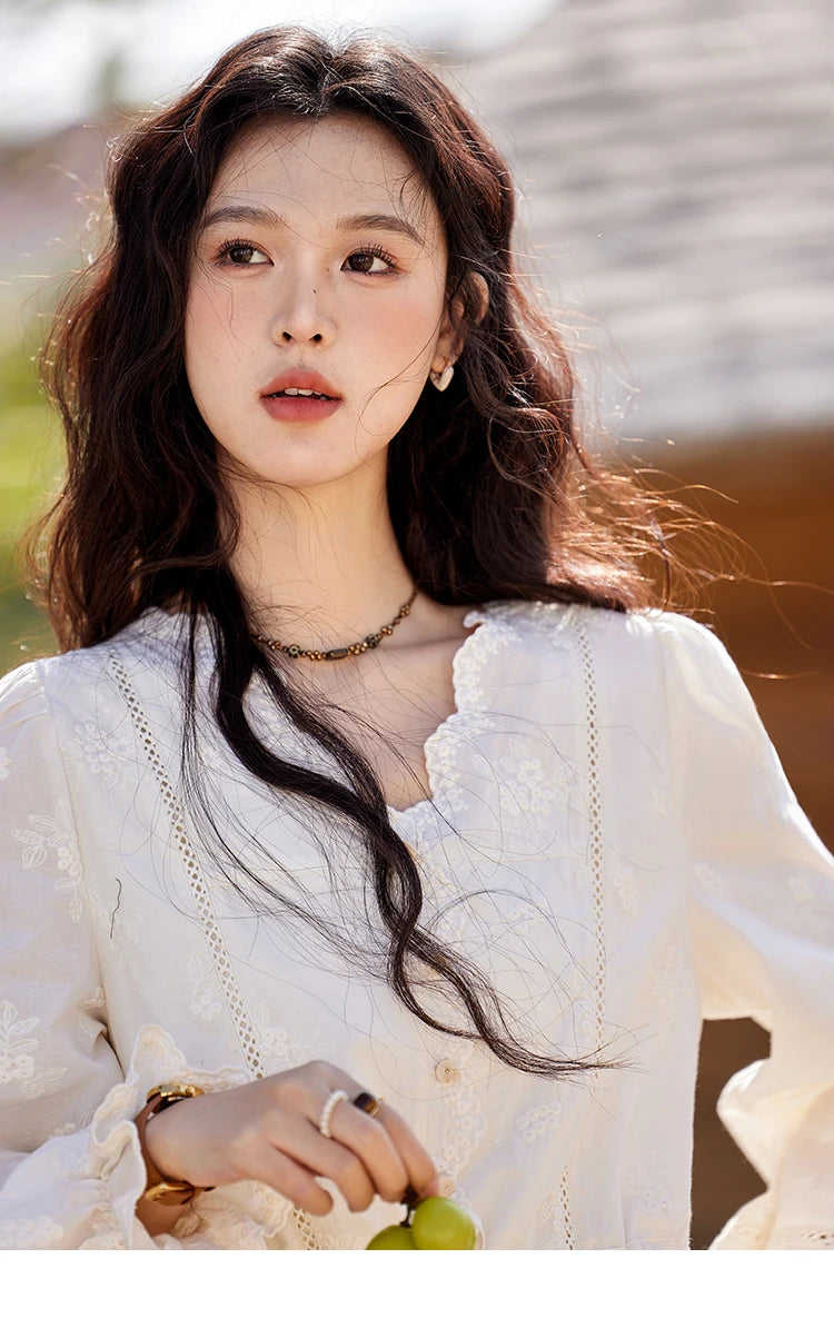 MISHOW Embroidered Lace Blouse V-Neck Drawstring MXE11X1708