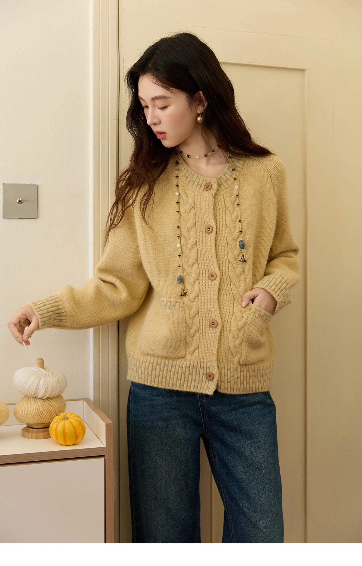 Mishow Yellow Cable Knit Hand-Drawstring Cardigan MXE47Z2566