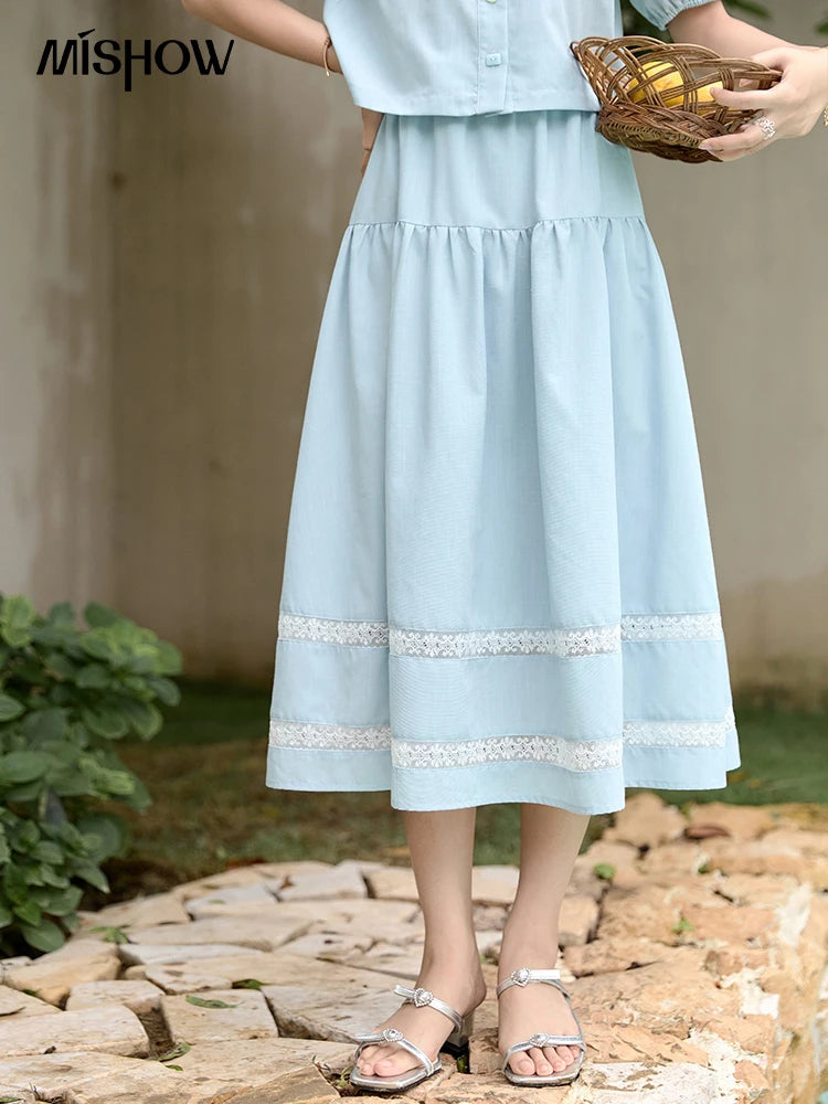 MISHOW Blue Lace Patchwork Top Elastic Waist Skirt Set MPD22B0450