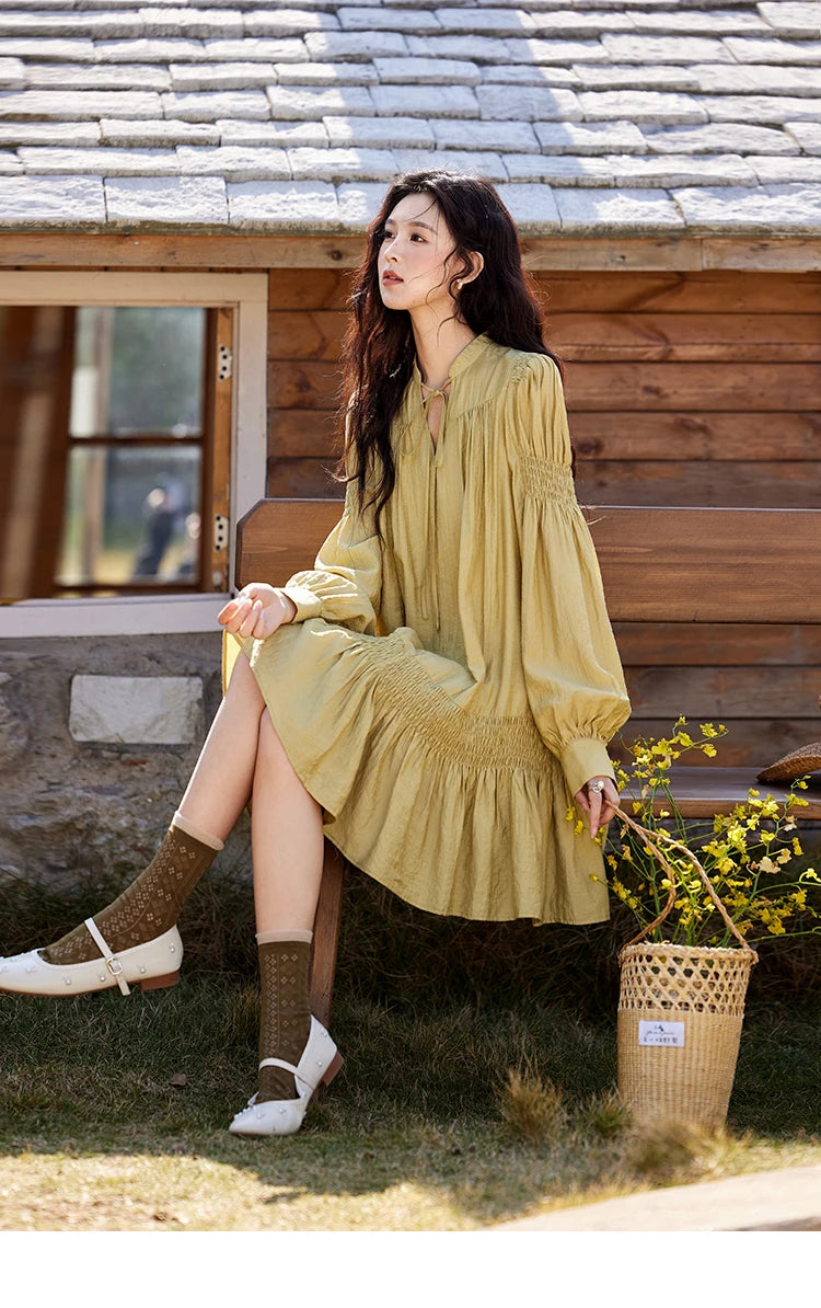 Mishow Folded Lace-Up V-Neck Doll Dress MXE11L2113