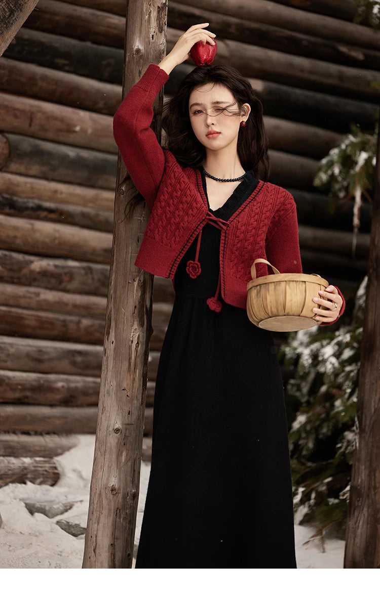 Mishow Red Knitted Cardigan & V-Neck Midi Dress Set MXD58L2085