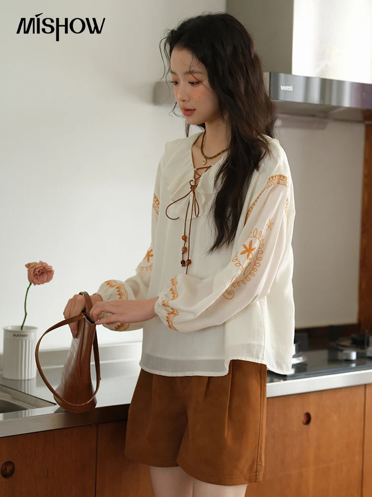 MISHOW Embroidered Blouse Ruffle V-Neck Lace Up MXE43X1987