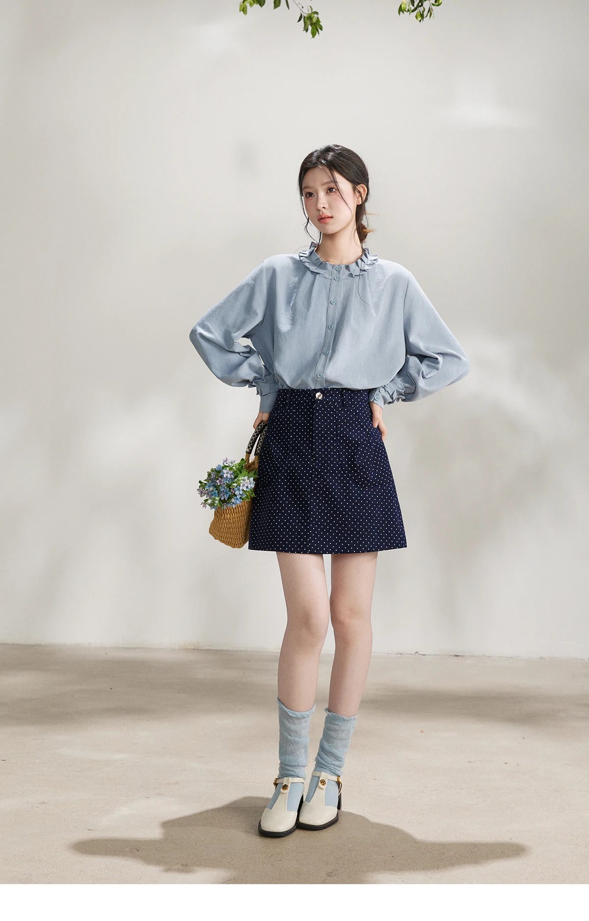 MISHOW Peach Skin Solid Shirt Ruffled Crew Neck MXF11C2431