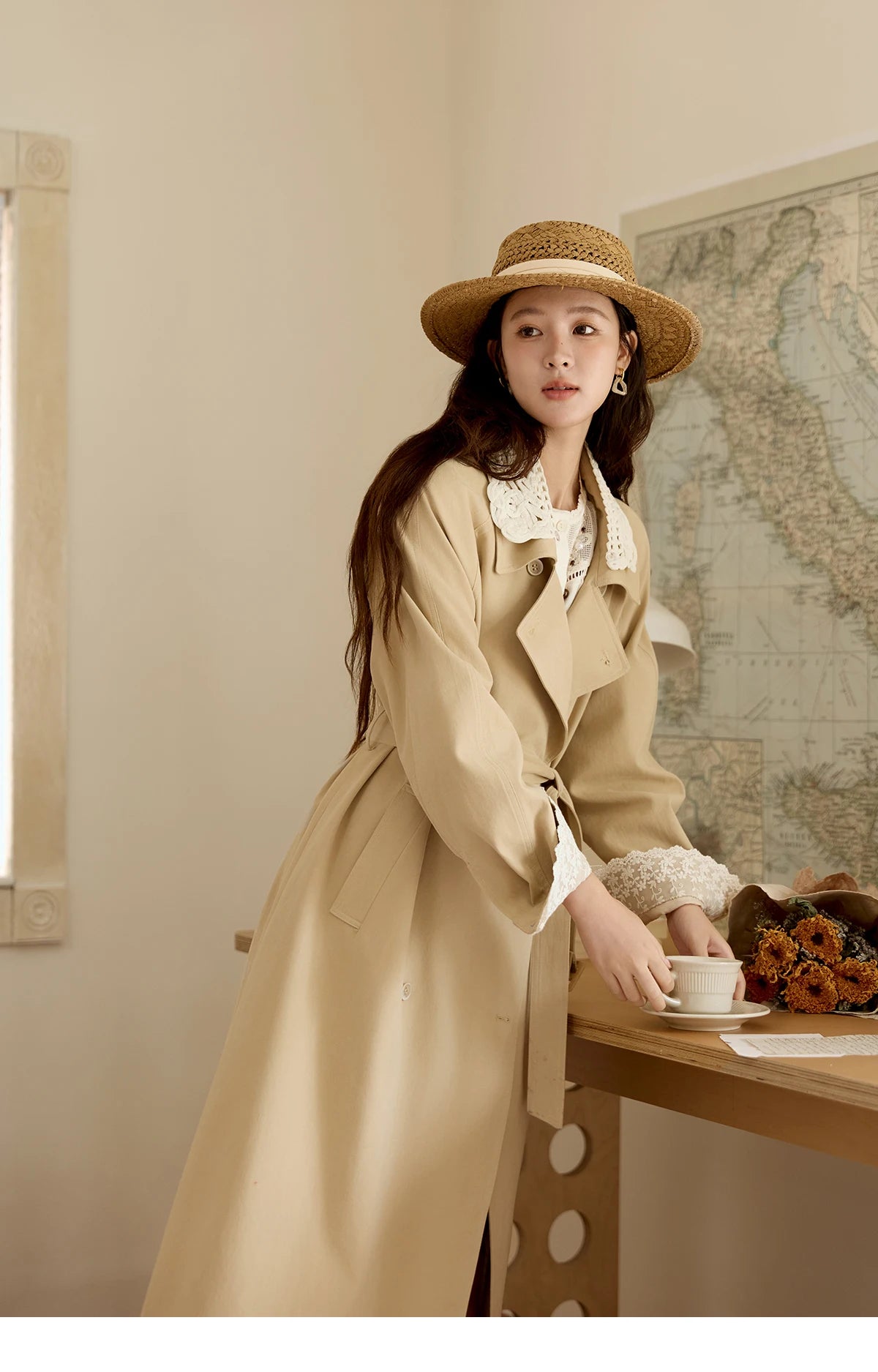 Mishow Light Khaki Lace Long Trench Coat MXE45W0830