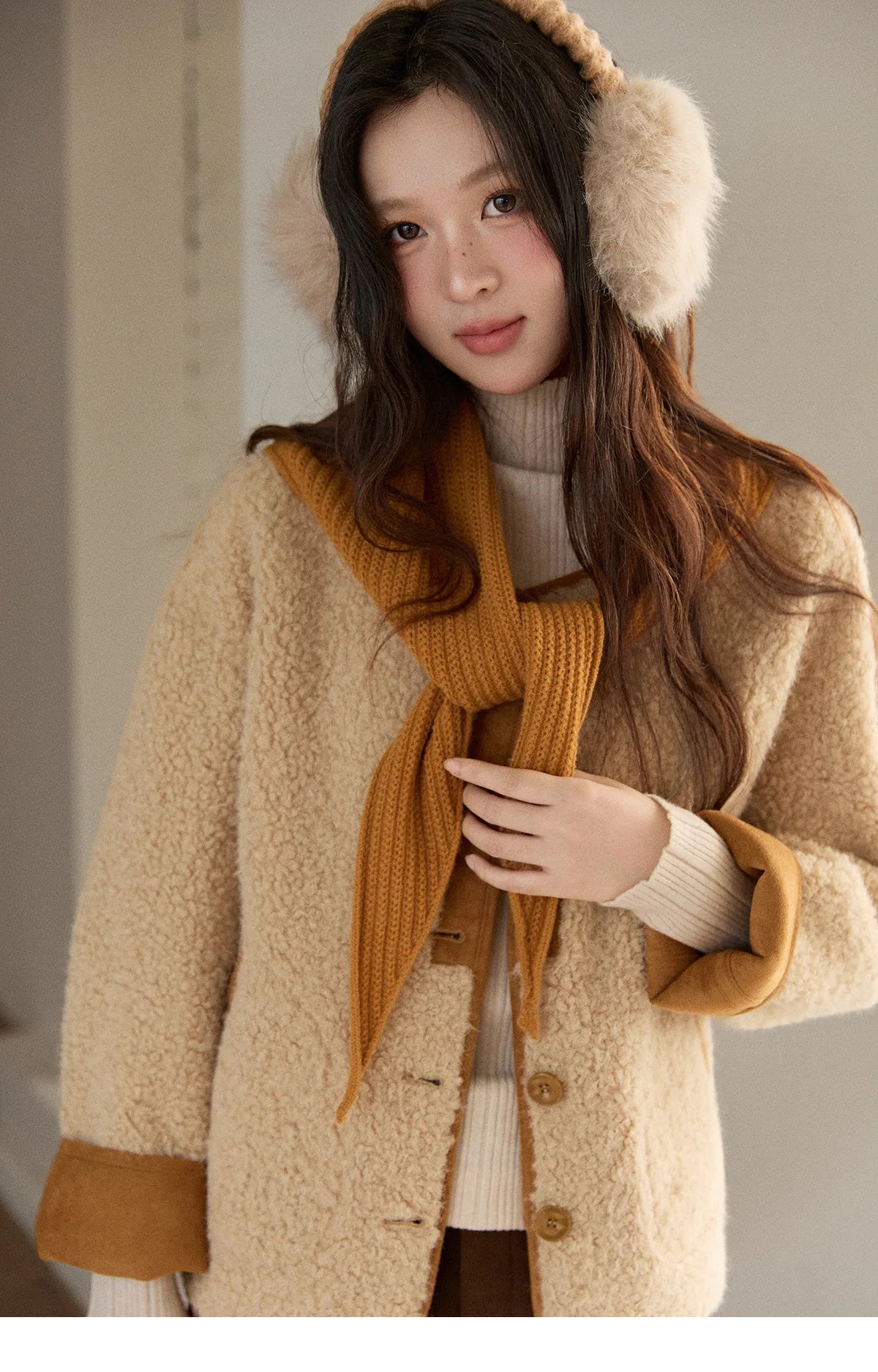 Mishow Lamb Wool Jacket with Color Block Knitted Shawl MXE91W0969