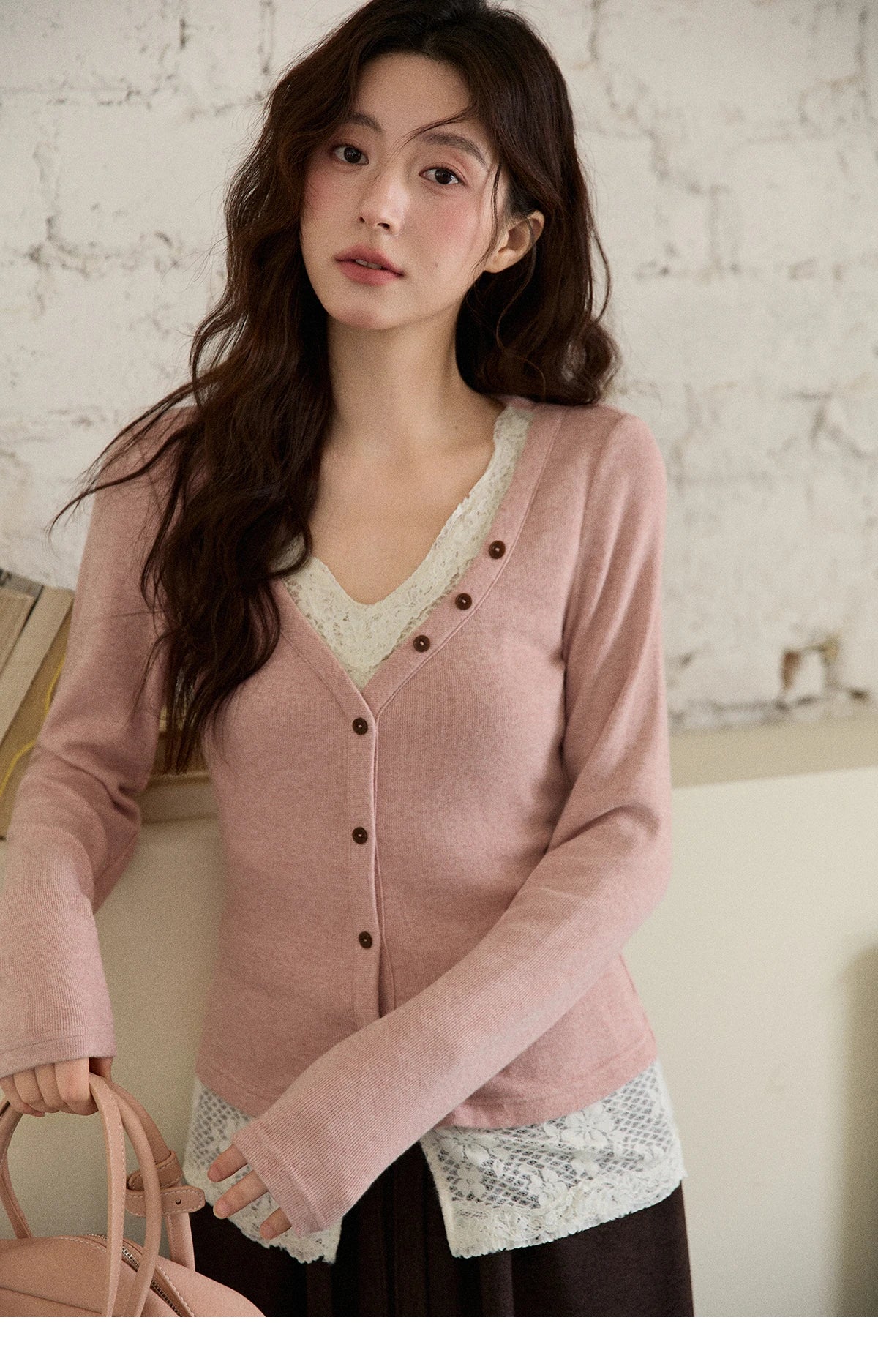 Mishow V-Neck Lace Trim Knit Top MXE86Z2673
