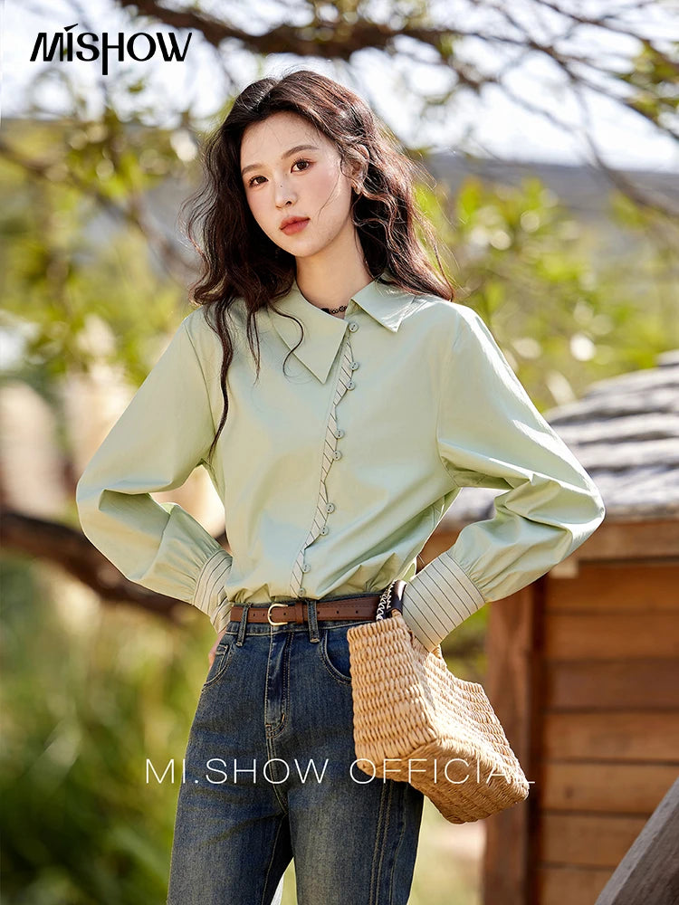 MISHOW Pink Embroidered Linen Blouse Square Collar MXE35X1834