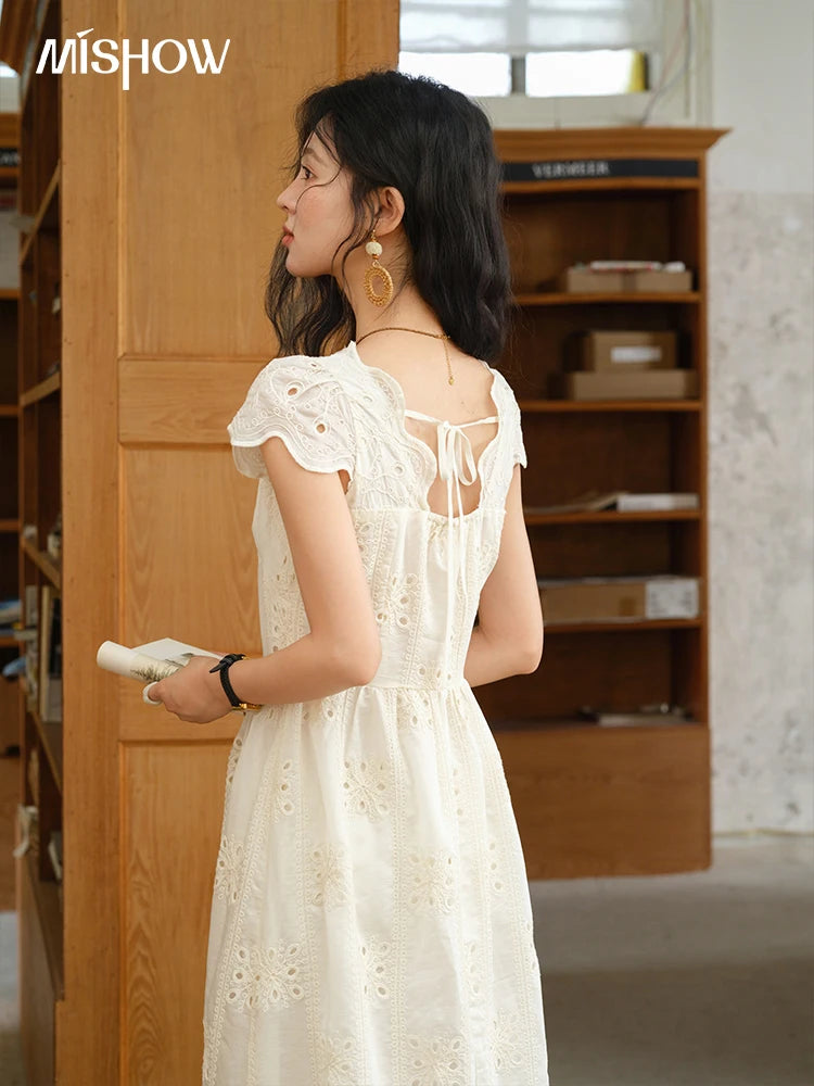 Mishow Flying Sleeve V-Neck Hollow Embroidered Dress MXE39L2404