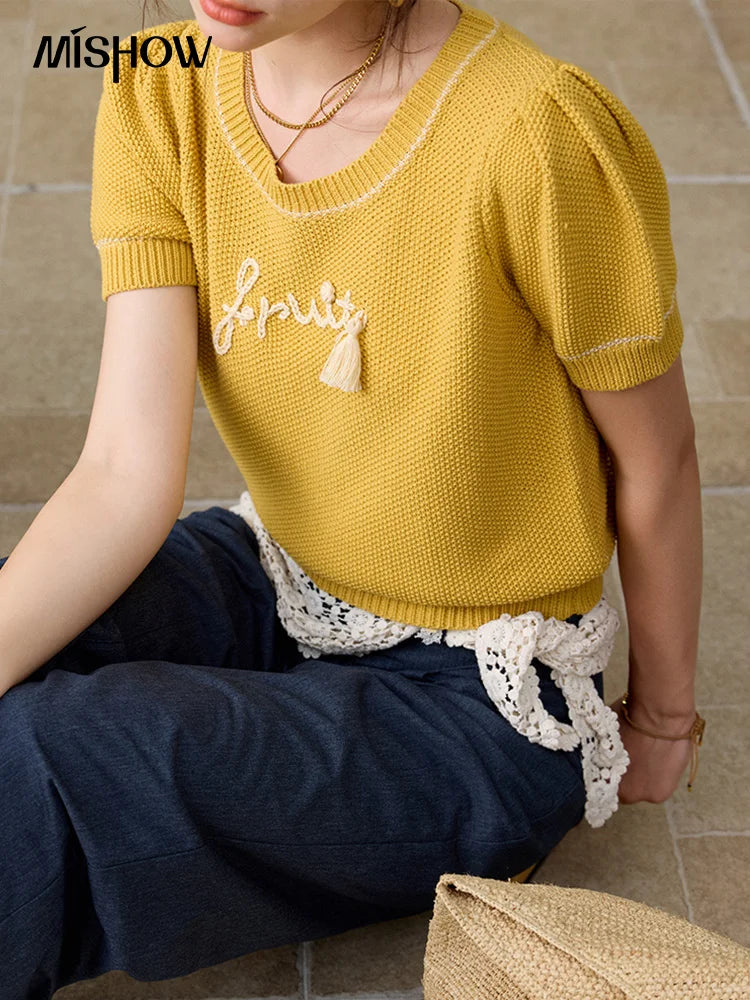 Mishow French Letter Short Sleeve Round Neck Pullover MXE33Z1219