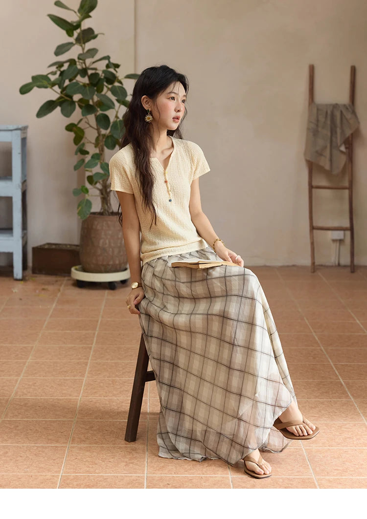 MISHOW Apricot Green Retro Plaid Skirt Pleated Chiffon High Waist A-Line MXE35B0747