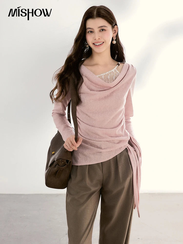 Mishow Lace Trim Draped Neck Side Tie Top MXF13Z2995
