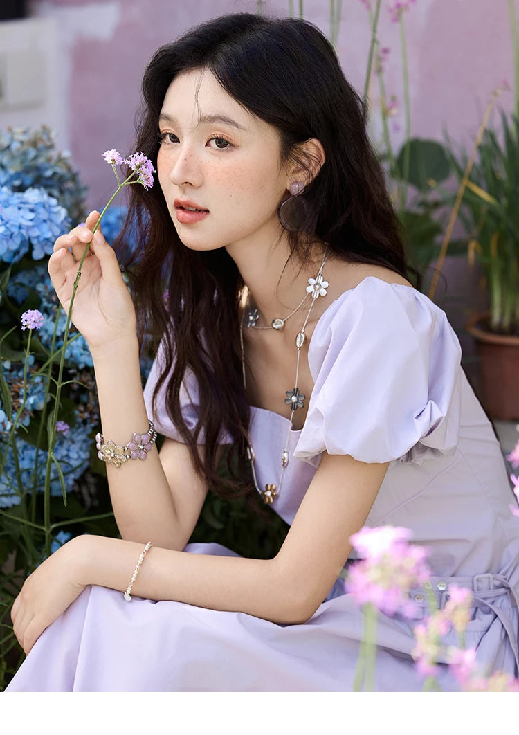 Mishow French Purple Puff Sleeve Square Neck Dress MXE34L2222