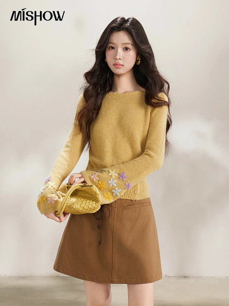 Mishow Yellow Floral Embroidered Boat Neck Flare Sleeve Top MXE94Z2864