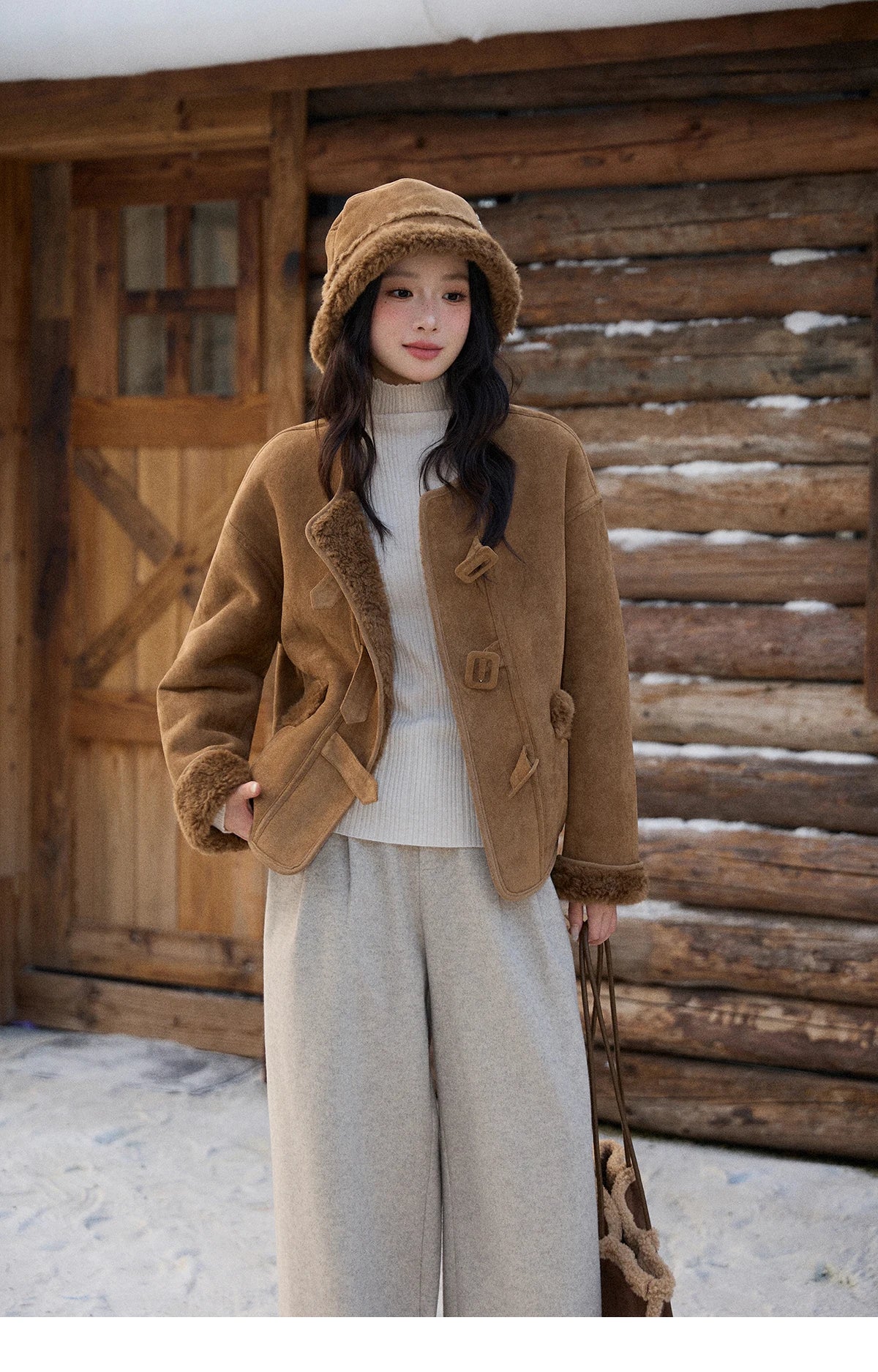 MISHOW Brown Round Neck Coat Button Pockets Loose Windproof MXE90W0994
