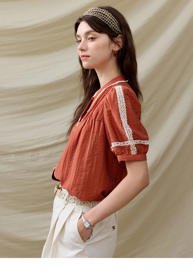 MISHOW French Blouse Women V-Neck Short Sleeve Color Matching Shirt MXE31X1766