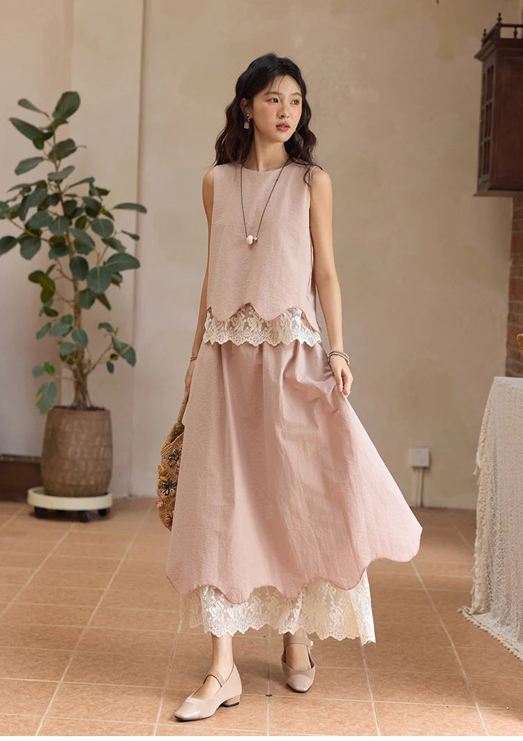 Mishow O-Neck Lace Patchwork Top & Elastic Waist Midi Skirt Set MXE36T0641