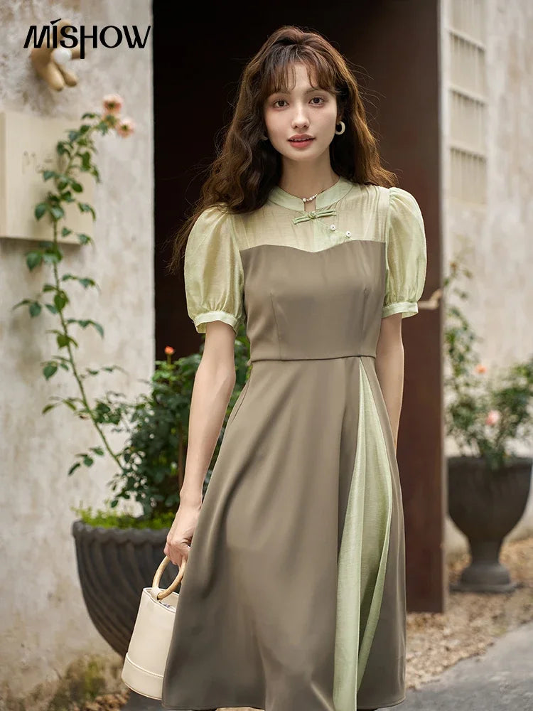 Mishow Chinese Style Puff Sleeve Fake Two-Piece Dress MXC35L1354