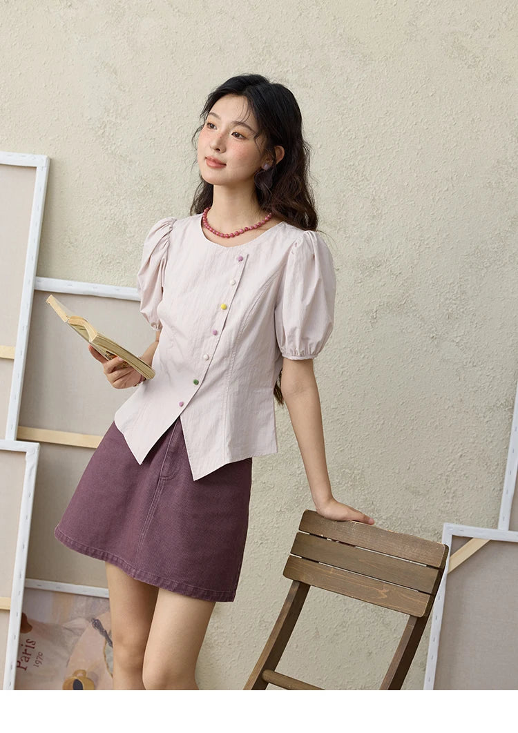 MISHOW Bubble Sleeve Blouse Irregular Placket Rainbow Buttons MXE34X1782