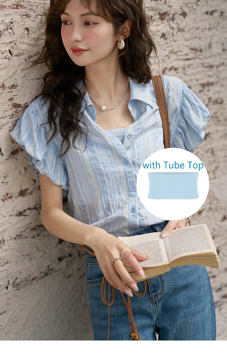 MISHOW Blue Striped Shirt Bubble Sleeves with Tube Top MXD24C0204