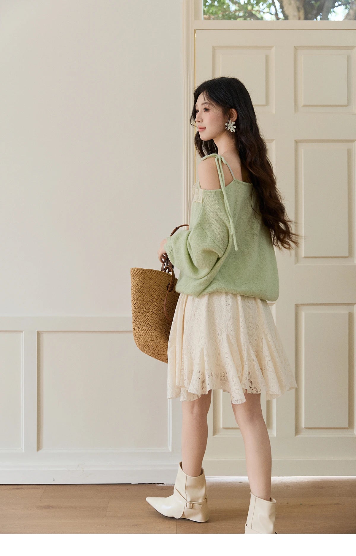 Mishow Beige Apricot Lace Tassel Midi Skirt MXF108B0768