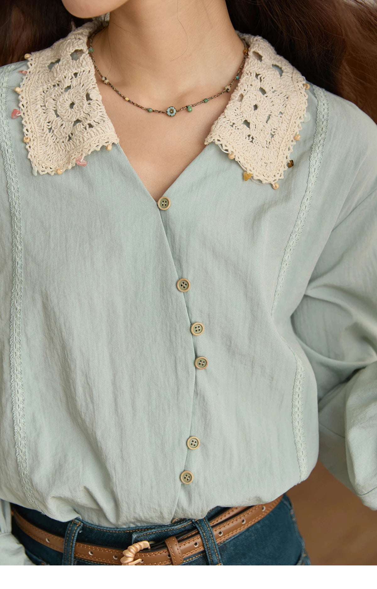 MISHOW Linen Shirt Contrast Apricot Lapel Curved Placket MXE43C2387