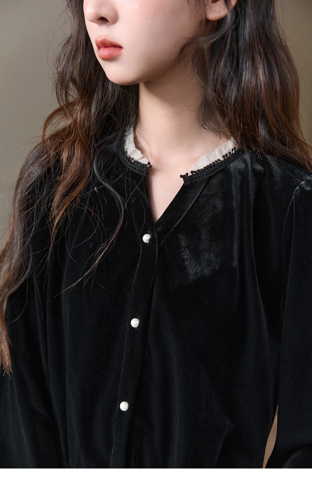 Mishow Black Velvet Lace Pearl Button Puff Sleeve Shirt MXE94X2516