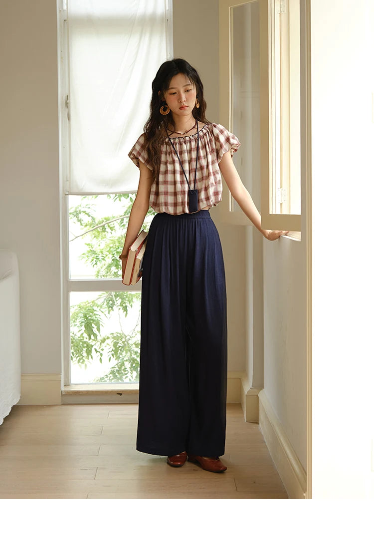 Mishow Retro Red Grid Puff Sleeve Top & Wide Leg Pants Set MXE37T0649