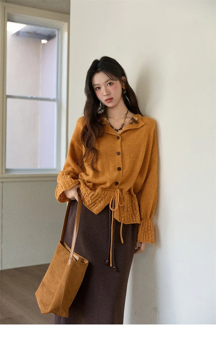 Mishow Orange Openwork Crochet Flared Sleeve Cardigan MXE87Z2685