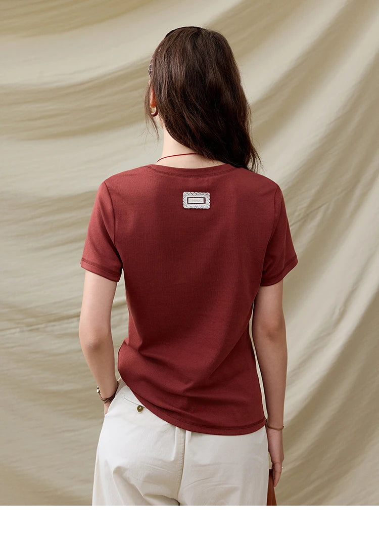 Mishow Solid Straight Shoulder Lace Trim Tee MXE31T0532