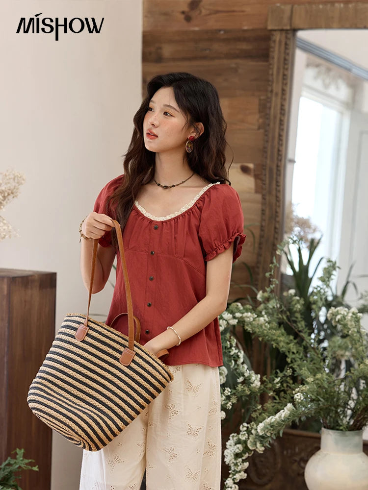 MISHOW Short Puff Sleeve Blouse Lace Collar Slimming MXE35X1827