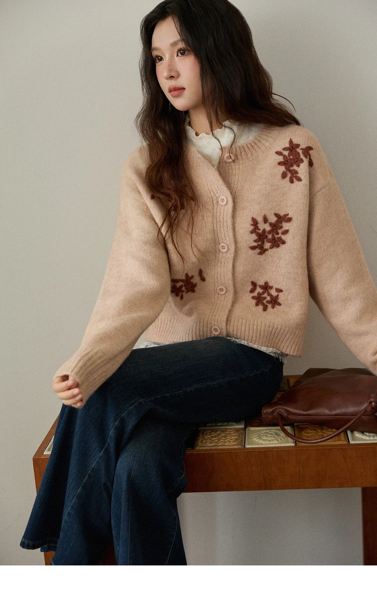 Mishow Floral Embroidery Round Neck Wool Cardigan MXE86Z2724