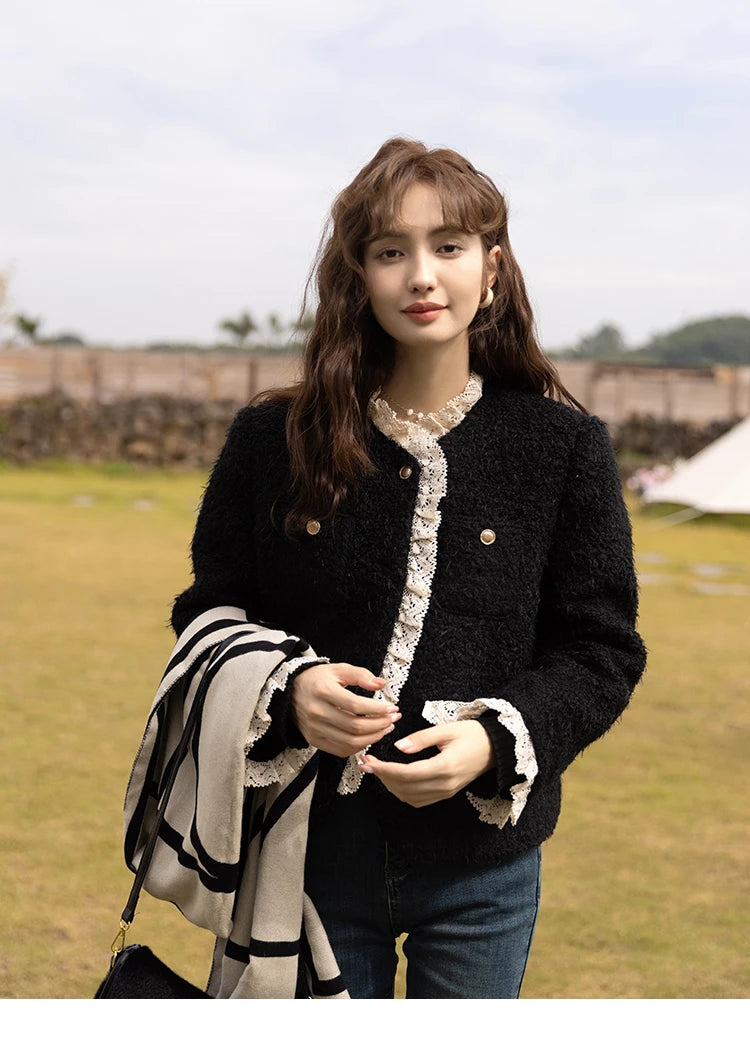 MISHOW Wool Coat Lace Splicing Lamb Wool Button Pockets MXB43W0720