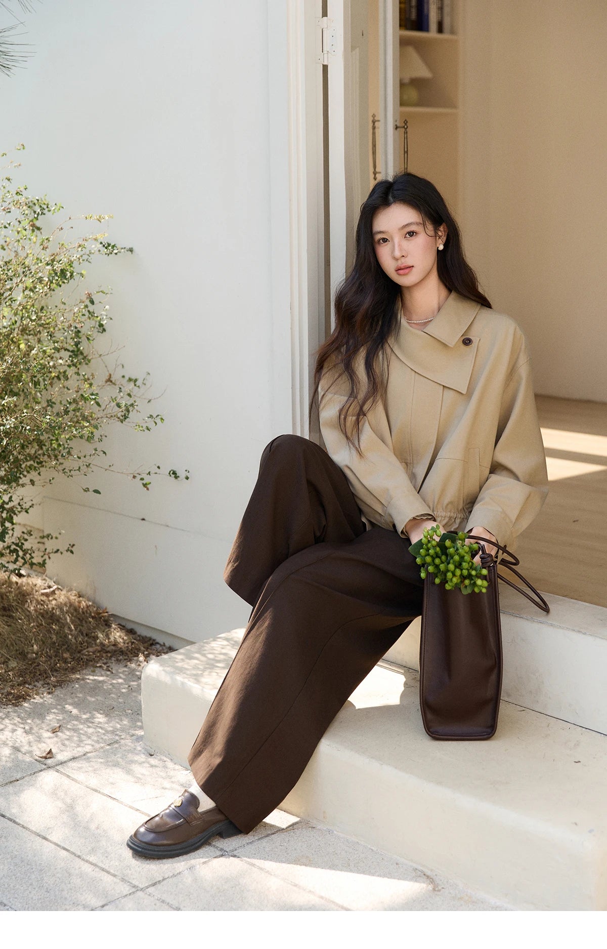 MISHOW Khaki Cropped Jacket Asymmetrical Collar Drawstring Waist MXF11W1029