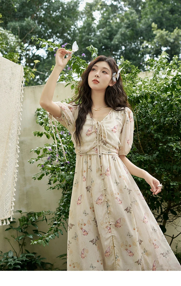 Mishow Butterfly Print V-Neck Lace-Up Bubble Sleeve Dress MXD15L1778