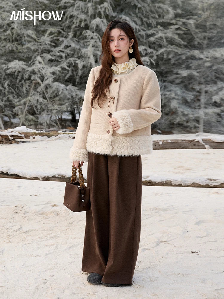 Mishow Retro Apricot Wool Plush Splicing Short Coat MXE92W0998