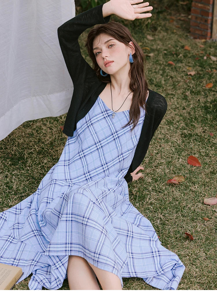 Mishow Blue Plaid Sleeveless A-Line Dress MXE33L2260